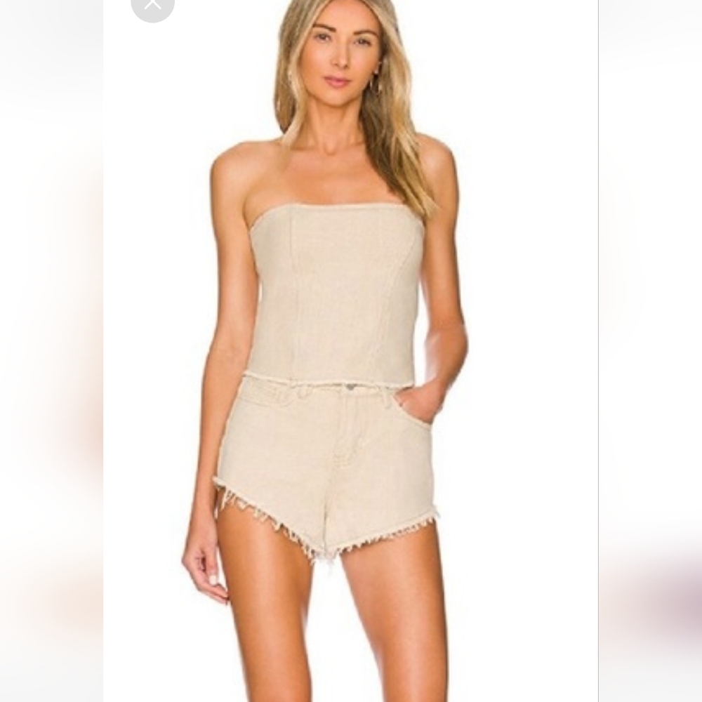 superdown Beige Strapless Denim Shorts Romper